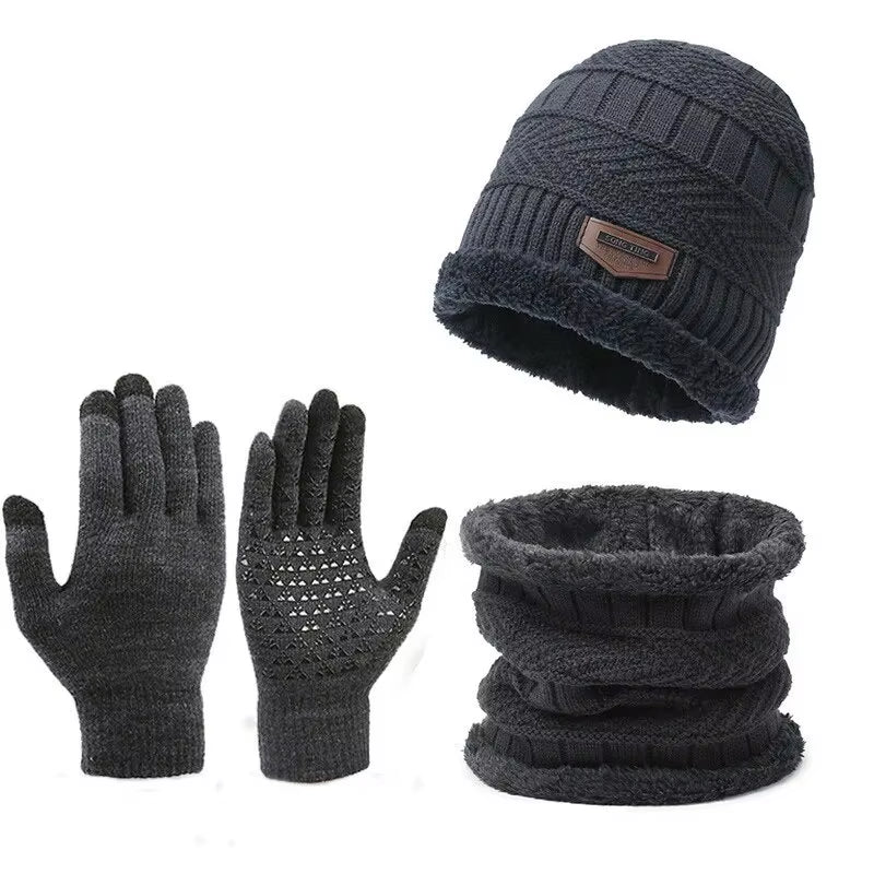 Men's Winter Knitted Hat with Cashmere, Windproof Scarf, and Gloves Set for Outdoor Travel and Leisure