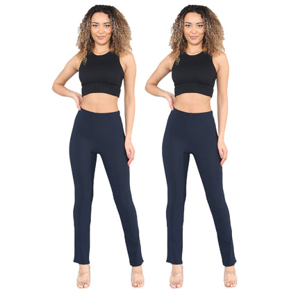 2 PACK WOMENS BOOTLEG TROUSERS LADIES BOOTCUT STRETCH FINELY RIBBED WORK BOTTOMS