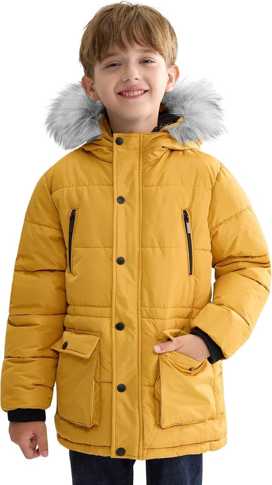 Boys Puffer Winter Coat Big Kids Heavyweight Sherpa Lined Fur Hooded Jacket Water-Resistant Snow Parka