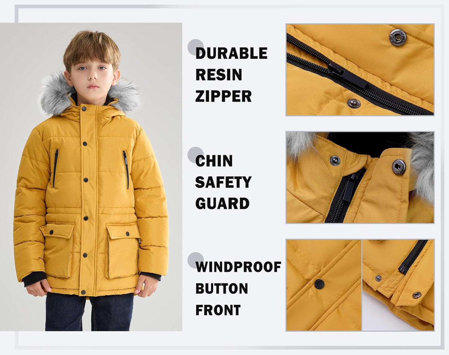 Boys Puffer Winter Coat Big Kids Heavyweight Sherpa Lined Fur Hooded Jacket Water-Resistant Snow Parka