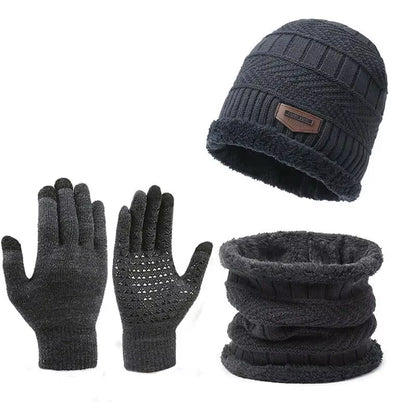 Men's Winter Knitted Hat with Cashmere, Windproof Scarf, and Gloves Set for Outdoor Travel and Leisure