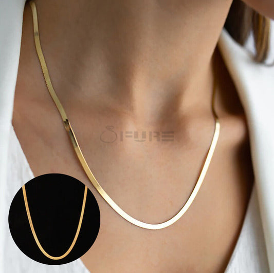 18K Gold Plated 3MM Flat Snake Herringbone Chain Necklace, 20 Inches