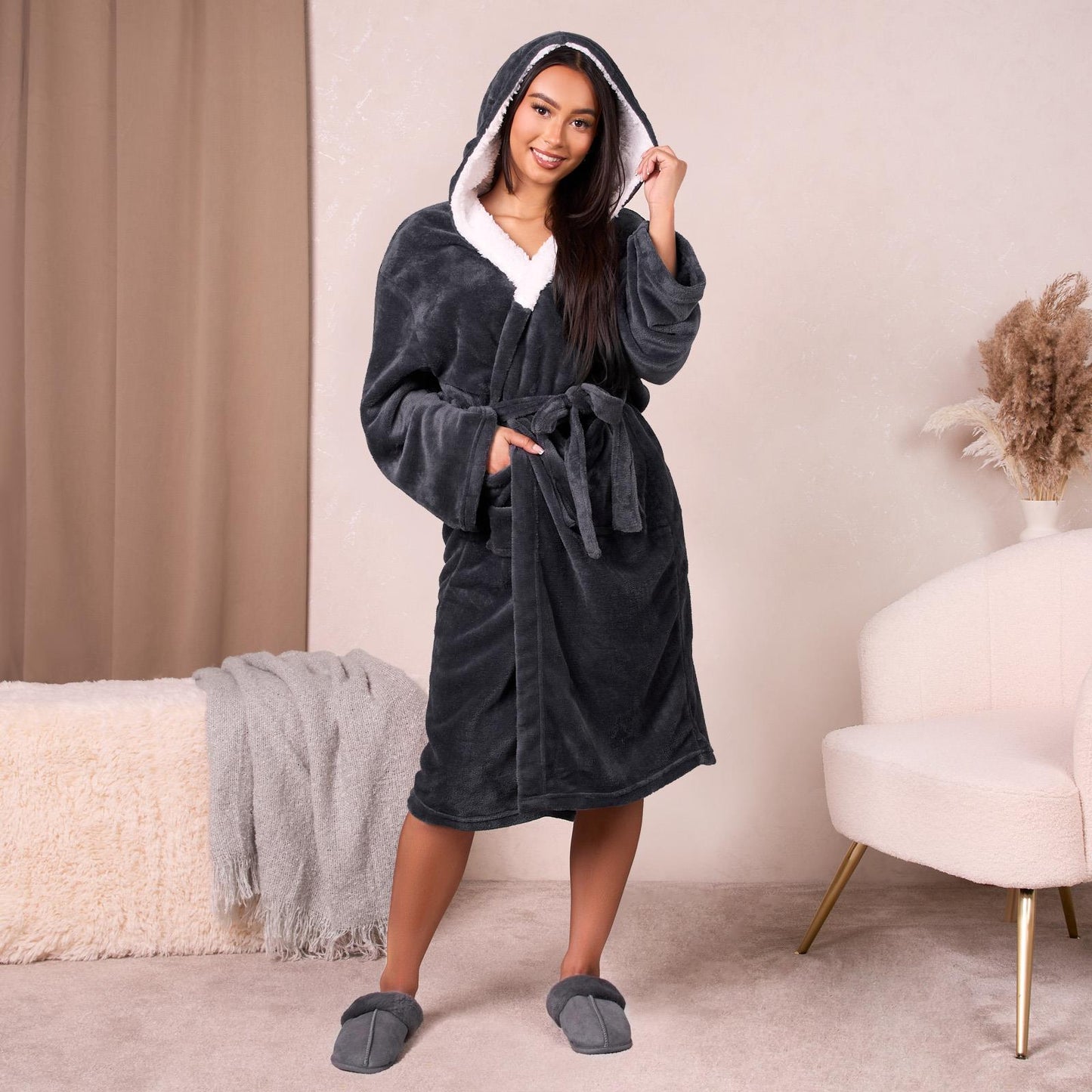 OHS Flannel Dressing Gown Soft Fleece Adults Unisex Thermal Winter Bathrobe
