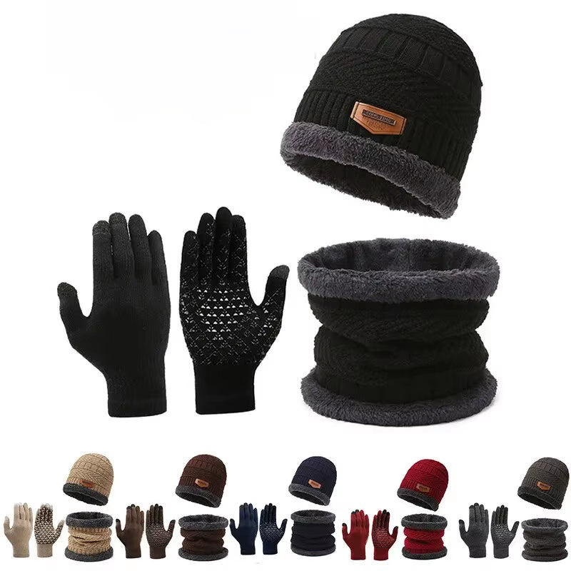 Men's Winter Knitted Hat with Cashmere, Windproof Scarf, and Gloves Set for Outdoor Travel and Leisure