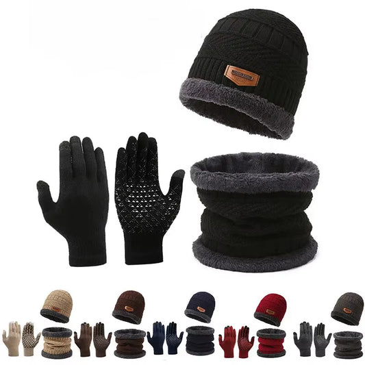Men's Winter Knitted Hat with Cashmere, Windproof Scarf, and Gloves Set for Outdoor Travel and Leisure