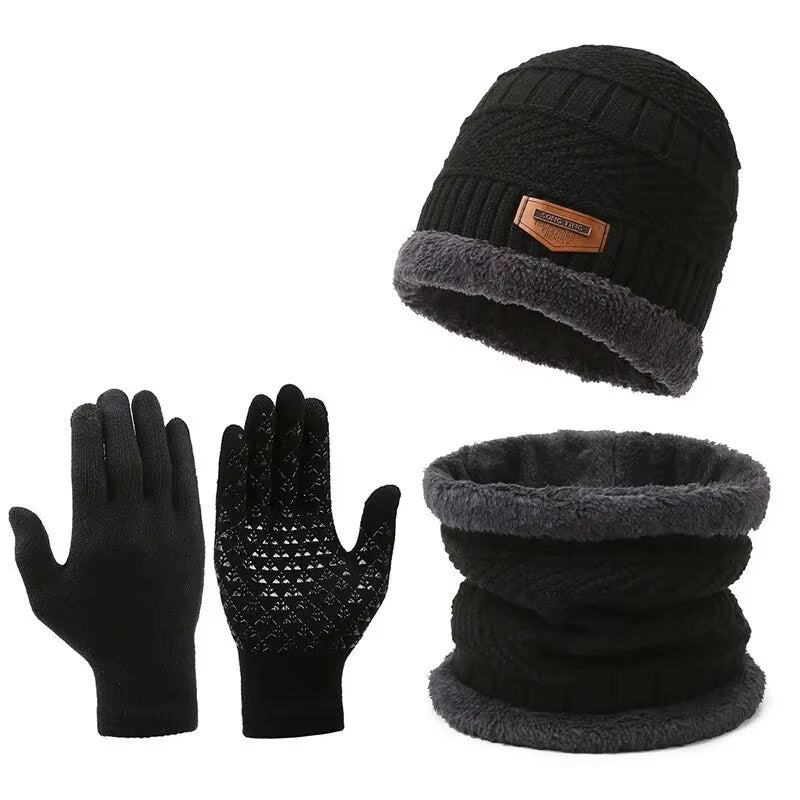 Men's Winter Knitted Hat with Cashmere, Windproof Scarf, and Gloves Set for Outdoor Travel and Leisure