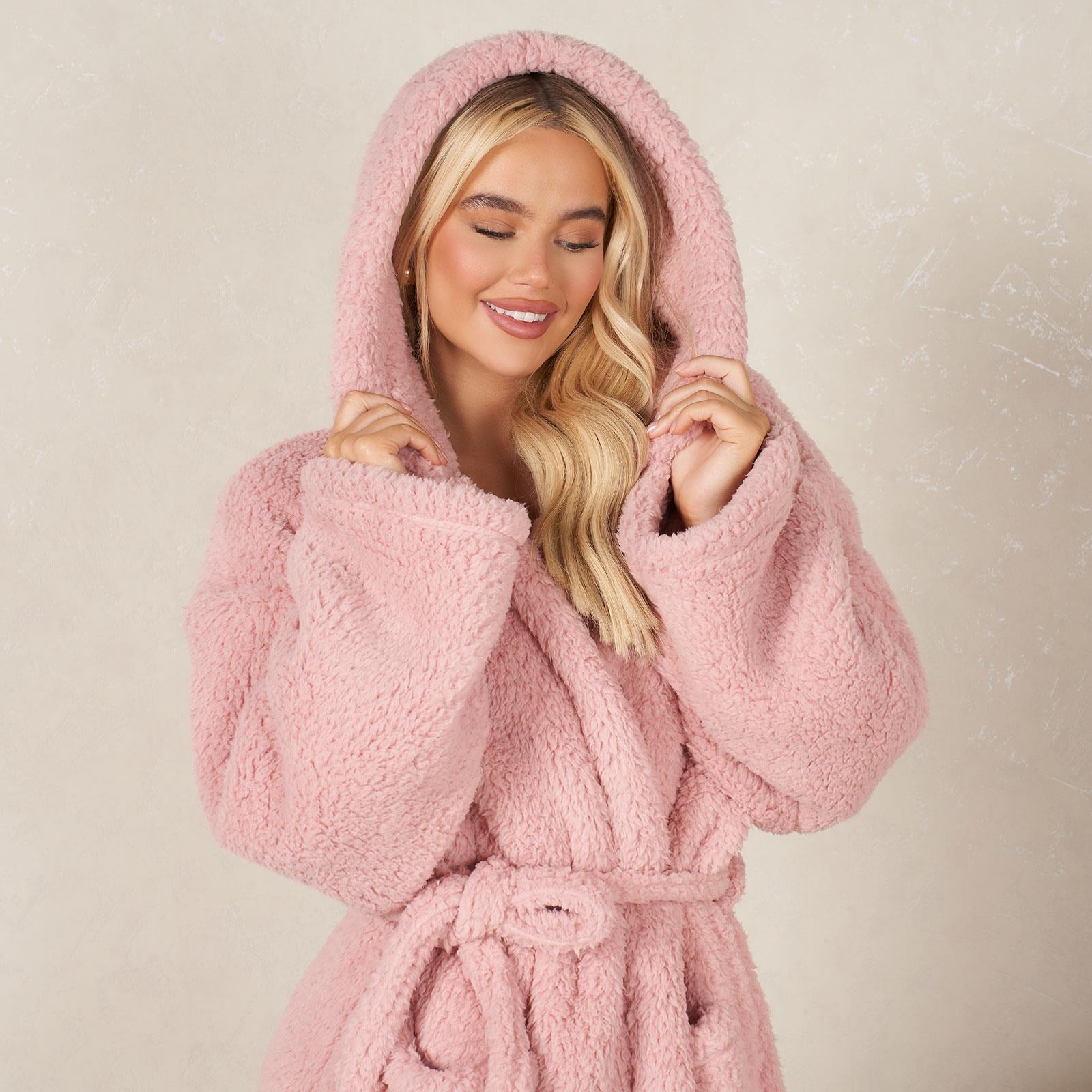 OHS Teddy Fleece Long Dressing Gown Ladies Warm House Coat Hooded Long Cosy Robe
